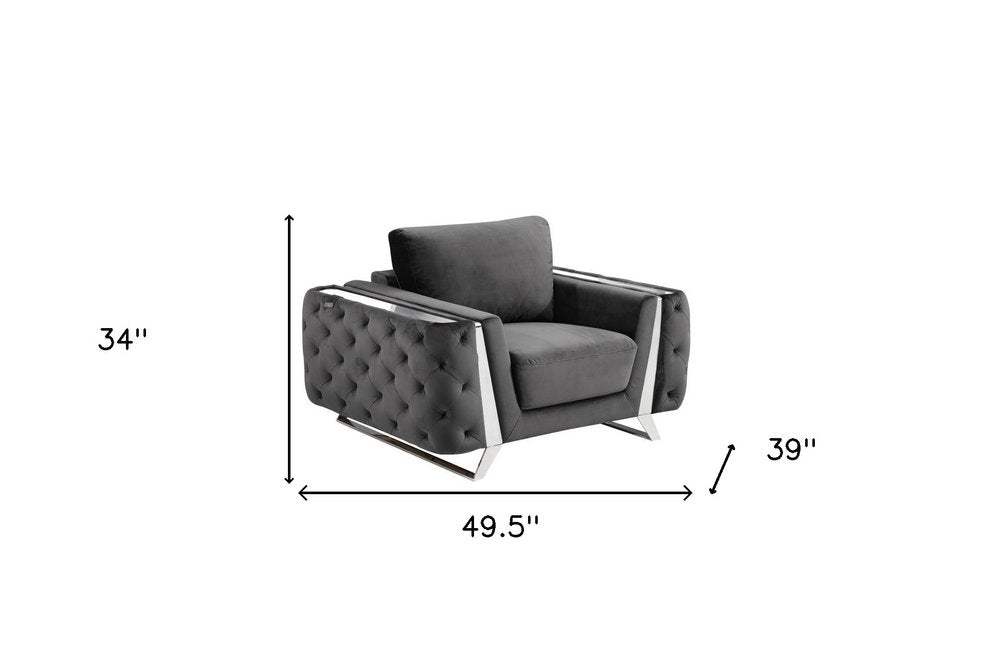 50" Dark Gray And Silver Velvet Tufted Club Chair HomeRoots