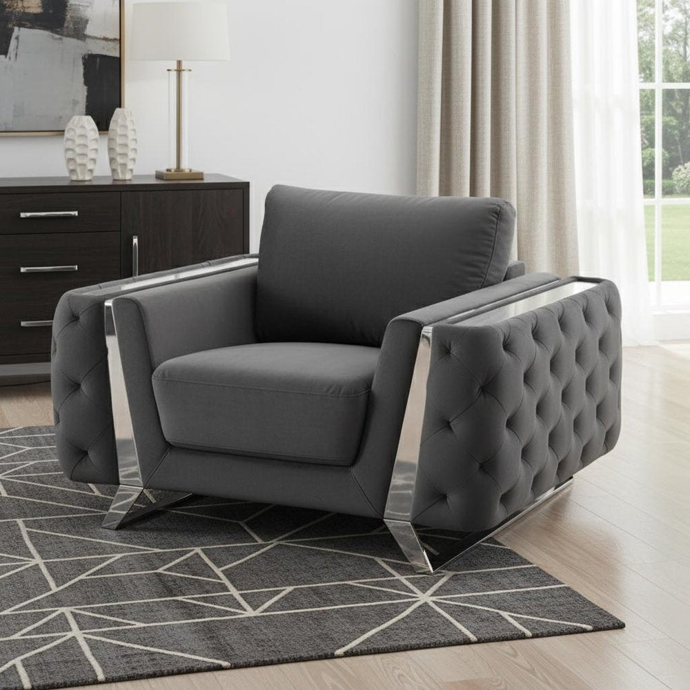 50" Dark Gray And Silver Velvet Tufted Club Chair HomeRoots
