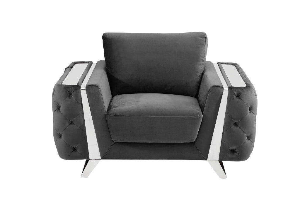 50" Dark Gray and Silver Velvet Tufted Arm Chair