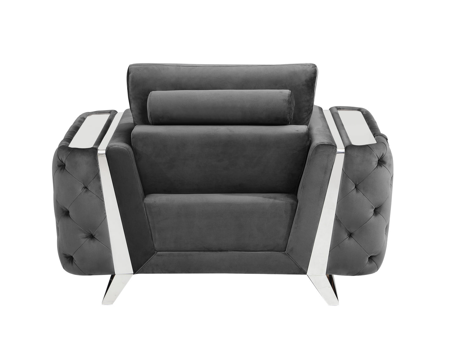 50" Dark Gray and Silver Velvet Tufted Arm Chair