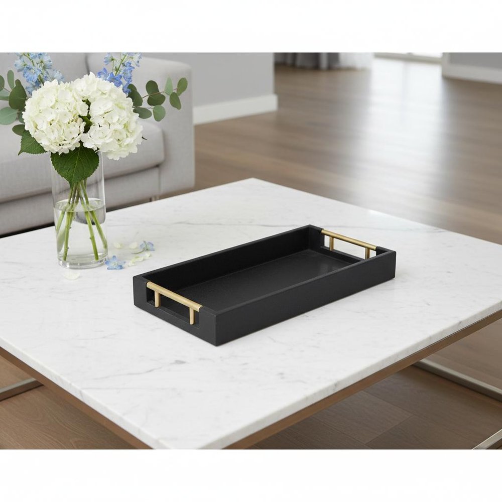 16" Black Wood and Vinyl Faux Shagreen Serving Tray With Gold Handles HomeRoots