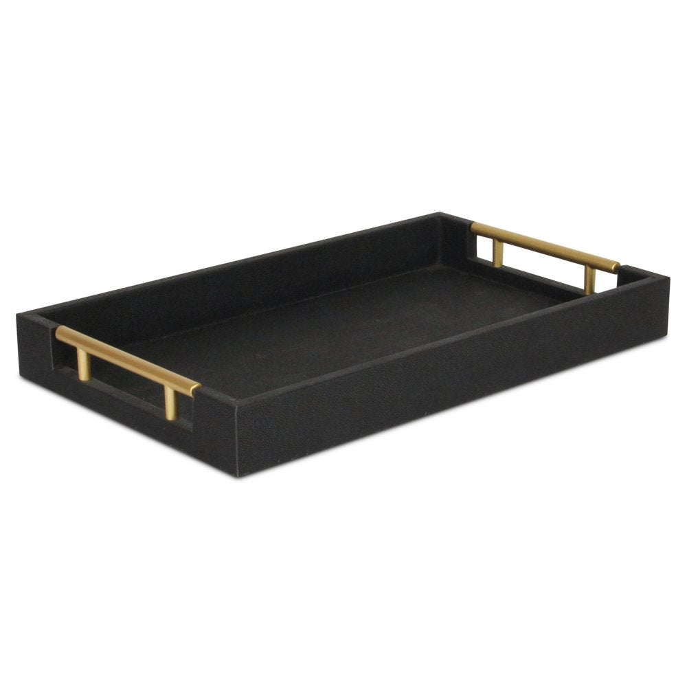 16" Black Wood and Vinyl Faux Shagreen Serving Tray With Gold Handles HomeRoots
