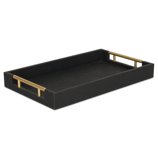 16" Black Wood and Vinyl Faux Shagreen Serving Tray With Gold Handles HomeRoots