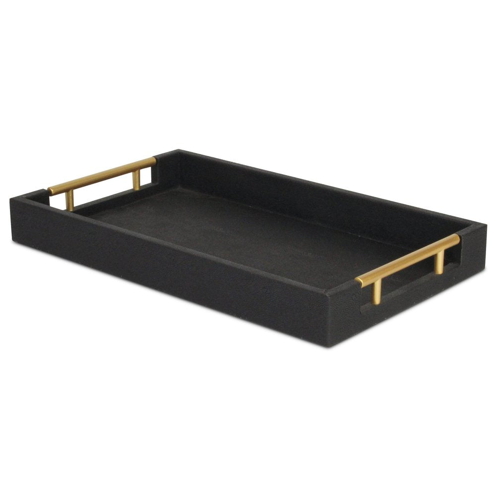 16" Black Wood and Vinyl Faux Shagreen Serving Tray With Gold Handles HomeRoots