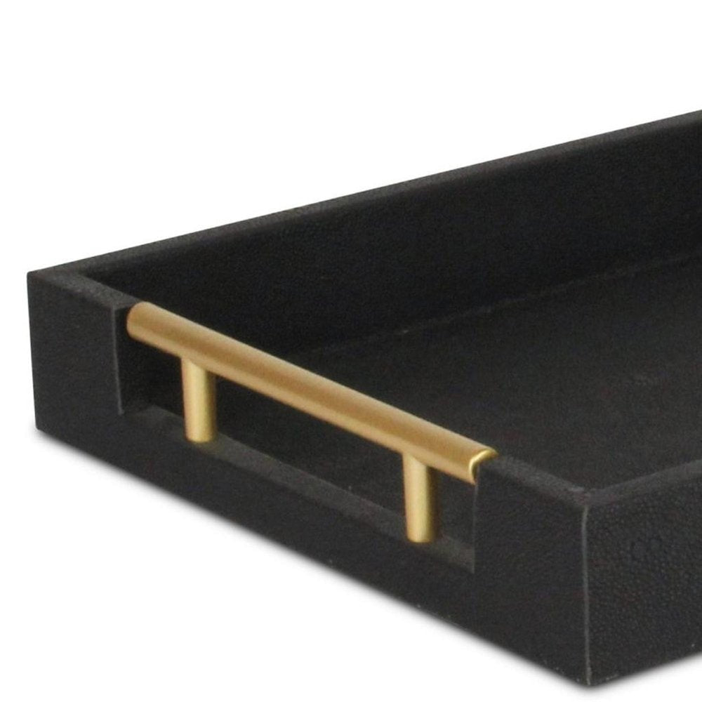 16" Black Wood and Vinyl Faux Shagreen Serving Tray With Gold Handles HomeRoots