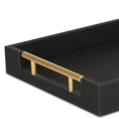 16" Black Wood and Vinyl Faux Shagreen Serving Tray With Gold Handles HomeRoots