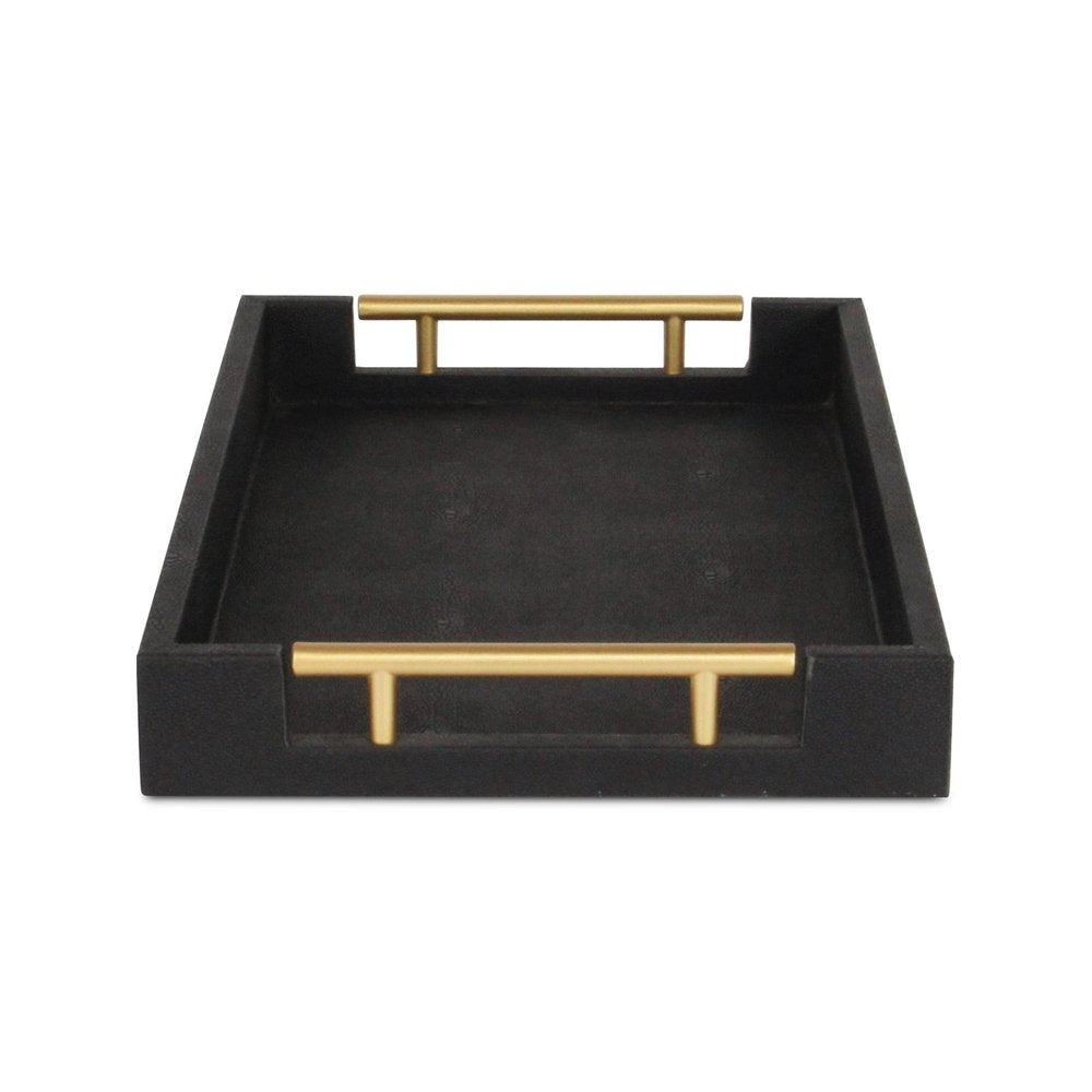 16" Black Wood and Vinyl Faux Shagreen Serving Tray With Gold Handles HomeRoots