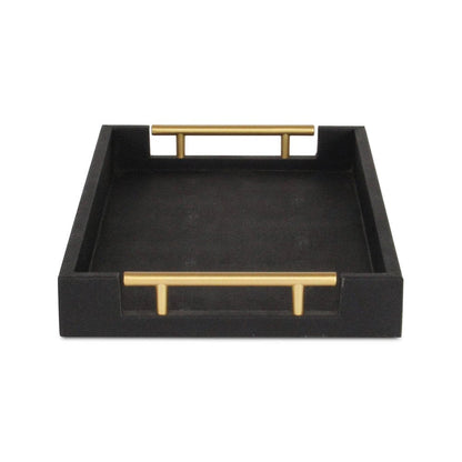 16" Black Wood and Vinyl Faux Shagreen Serving Tray With Gold Handles HomeRoots