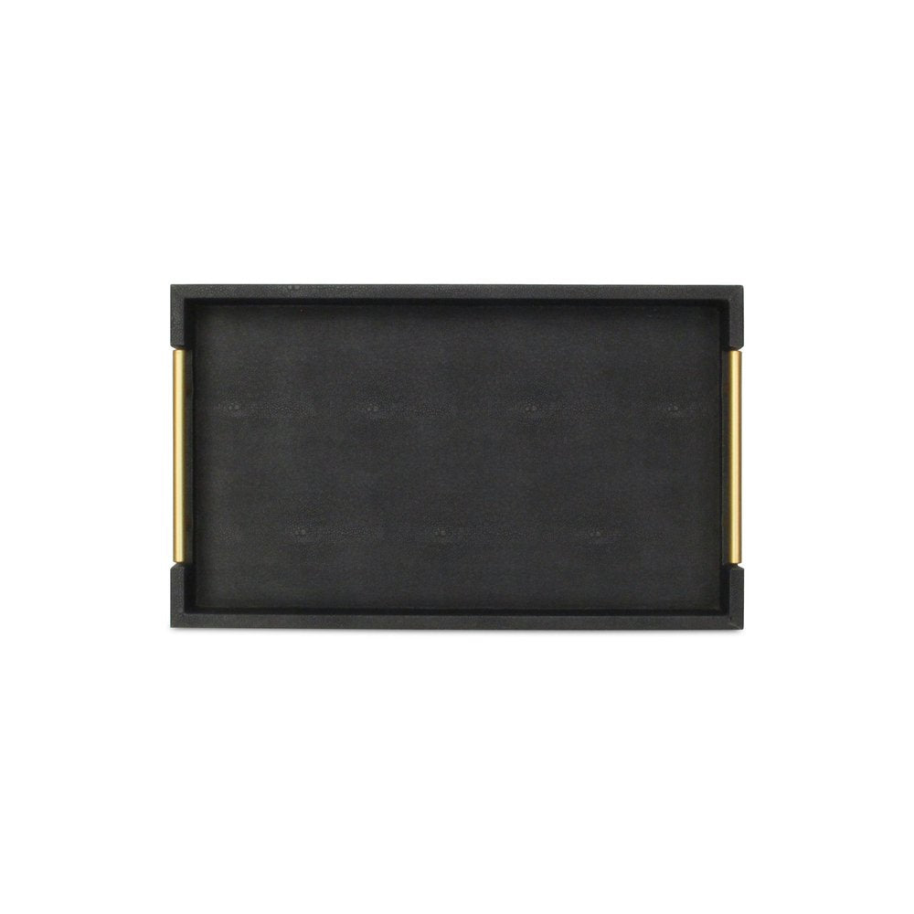 16" Black Wood and Vinyl Faux Shagreen Serving Tray With Gold Handles HomeRoots
