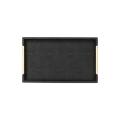 16" Black Wood and Vinyl Faux Shagreen Serving Tray With Gold Handles HomeRoots