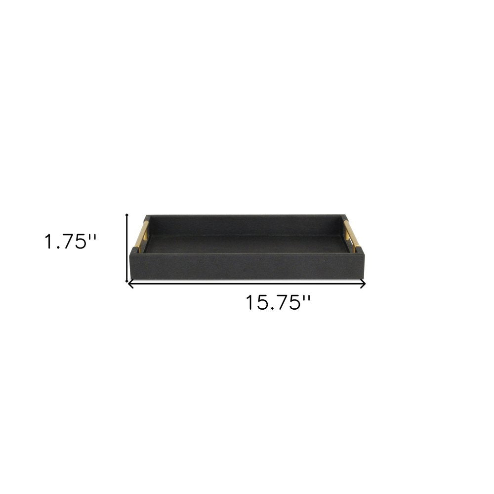 16" Black Wood and Vinyl Faux Shagreen Serving Tray With Gold Handles HomeRoots