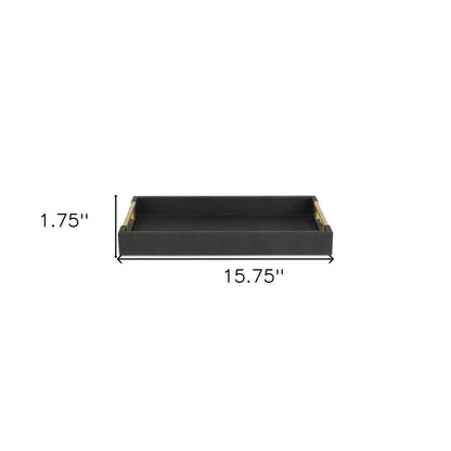 16" Black Wood and Vinyl Faux Shagreen Serving Tray With Gold Handles HomeRoots
