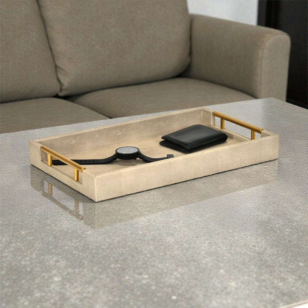 16" Cream Wood and Vinyl Faux Shagreen Serving Tray With Gold Handles HomeRoots
