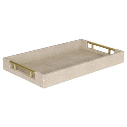 16" Cream Wood and Vinyl Faux Shagreen Serving Tray With Gold Handles HomeRoots