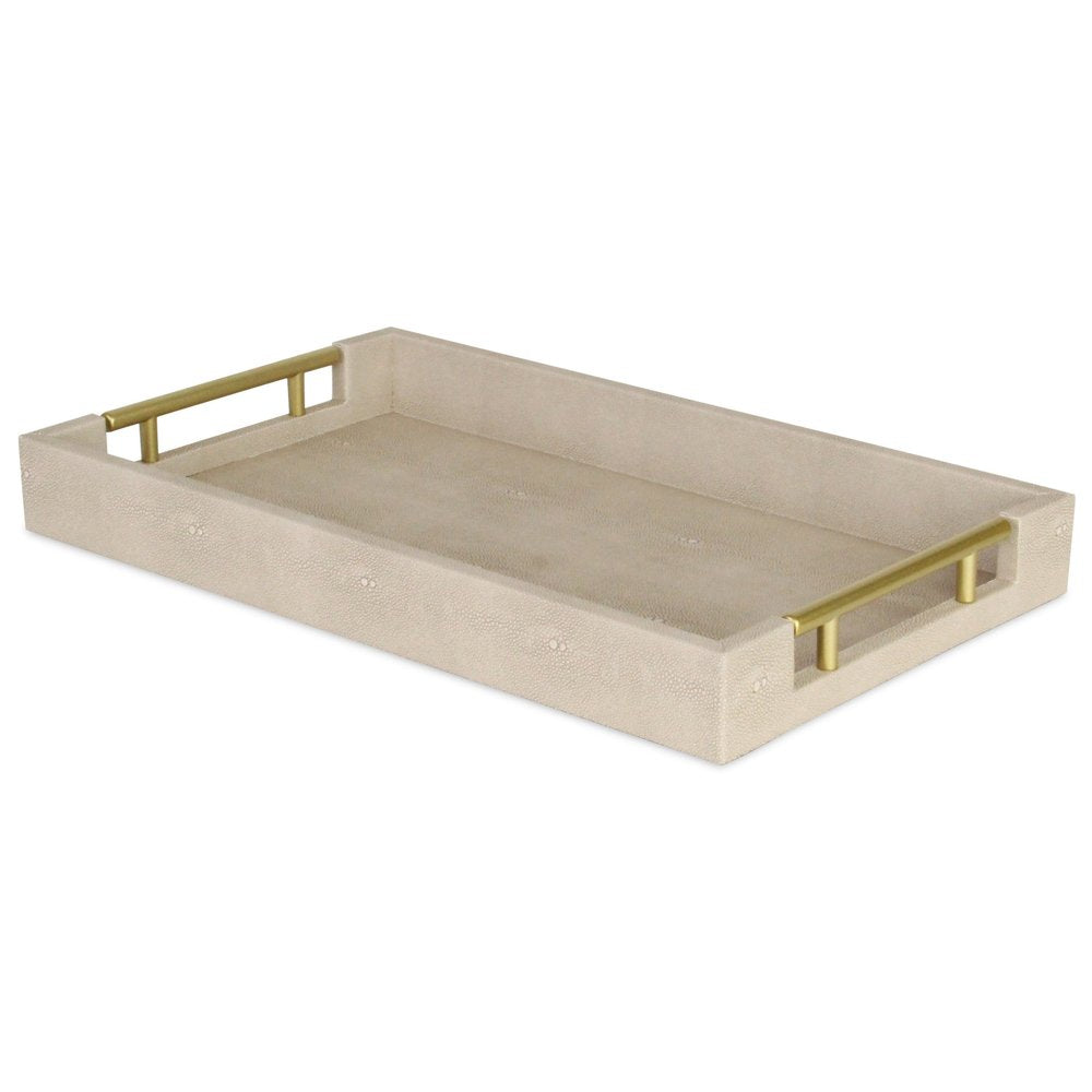 16" Cream Wood and Vinyl Faux Shagreen Serving Tray With Gold Handles HomeRoots