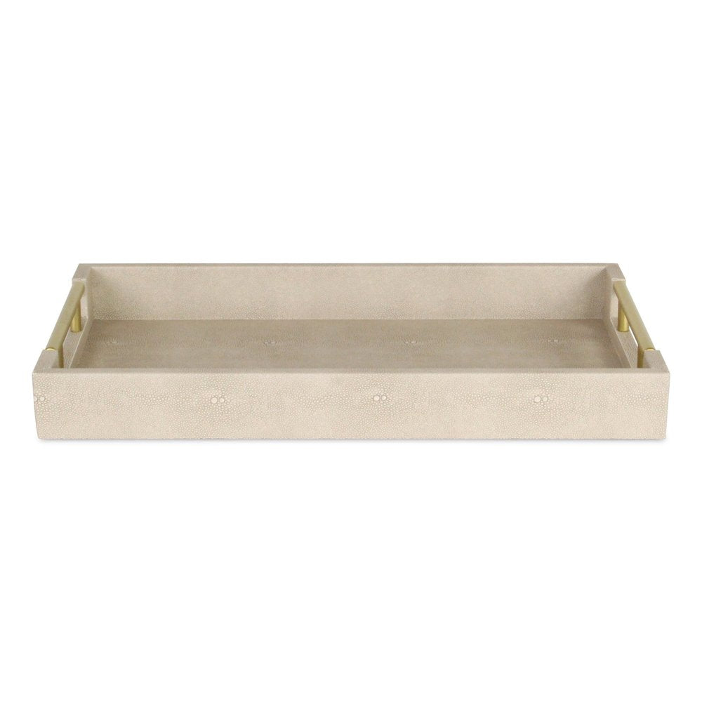16" Cream Wood and Vinyl Faux Shagreen Serving Tray With Gold Handles HomeRoots