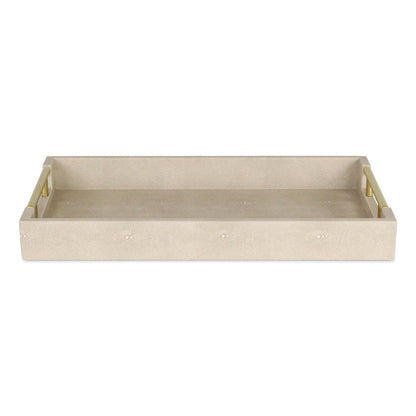 16" Cream Wood and Vinyl Faux Shagreen Serving Tray With Gold Handles HomeRoots