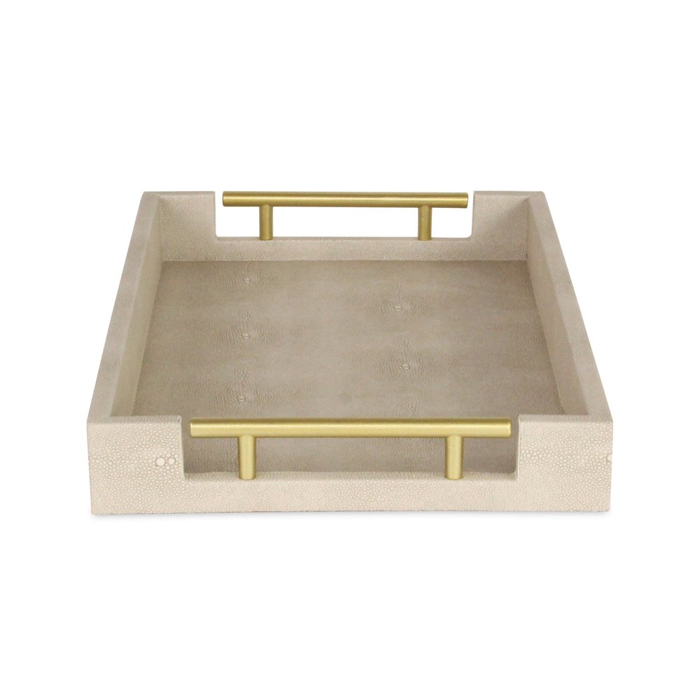 16" Cream Wood and Vinyl Faux Shagreen Serving Tray With Gold Handles HomeRoots