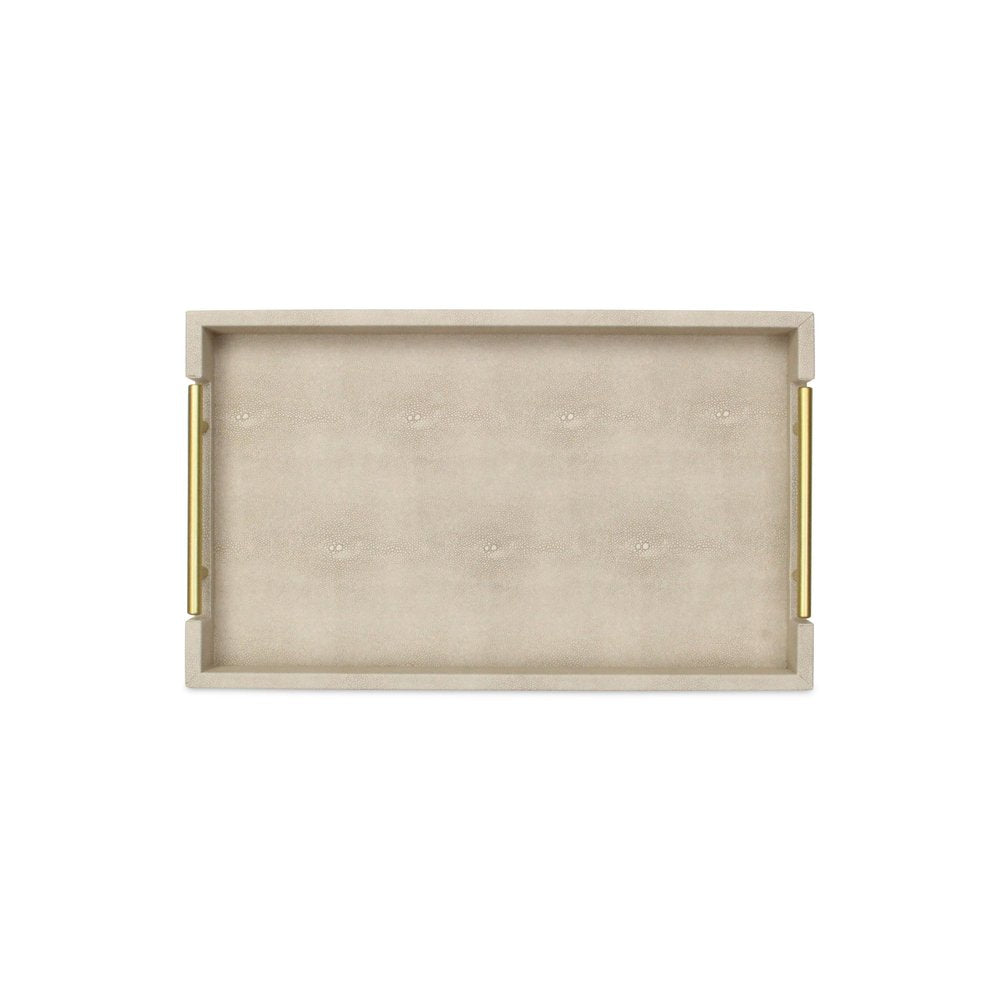 16" Cream Wood and Vinyl Faux Shagreen Serving Tray With Gold Handles HomeRoots