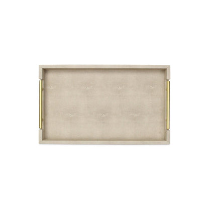 16" Cream Wood and Vinyl Faux Shagreen Serving Tray With Gold Handles HomeRoots