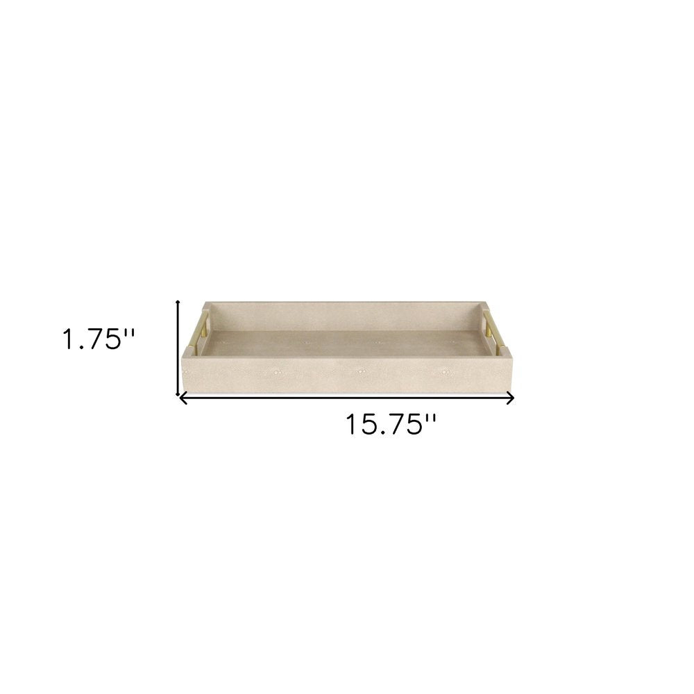 16" Cream Wood and Vinyl Faux Shagreen Serving Tray With Gold Handles HomeRoots
