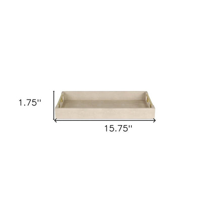 16" Cream Wood and Vinyl Faux Shagreen Serving Tray With Gold Handles HomeRoots