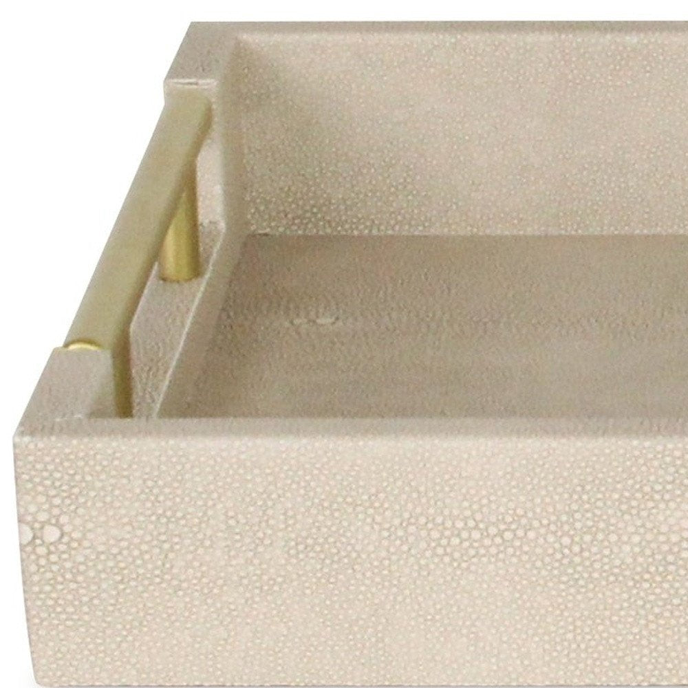 16" Cream Wood and Vinyl Faux Shagreen Serving Tray With Gold Handles HomeRoots