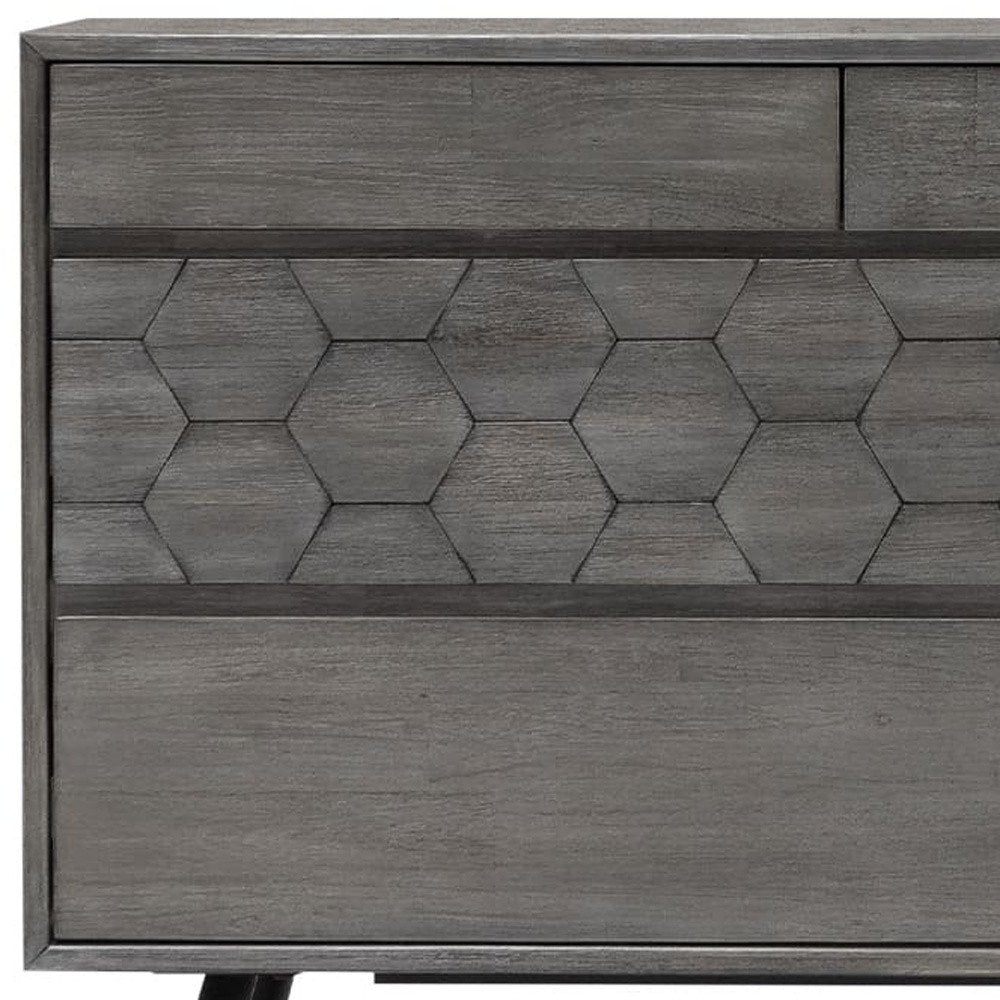 61" Gray Carved Geometric Solid Wood Seven Drawer Double Dresser