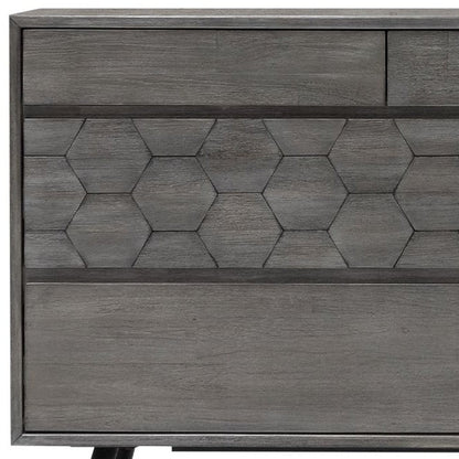 61" Gray Carved Geometric Solid Wood Seven Drawer Double Dresser