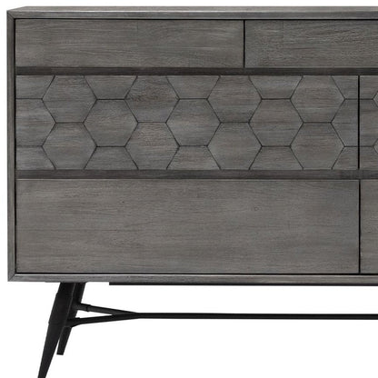 61" Gray Carved Geometric Solid Wood Seven Drawer Double Dresser