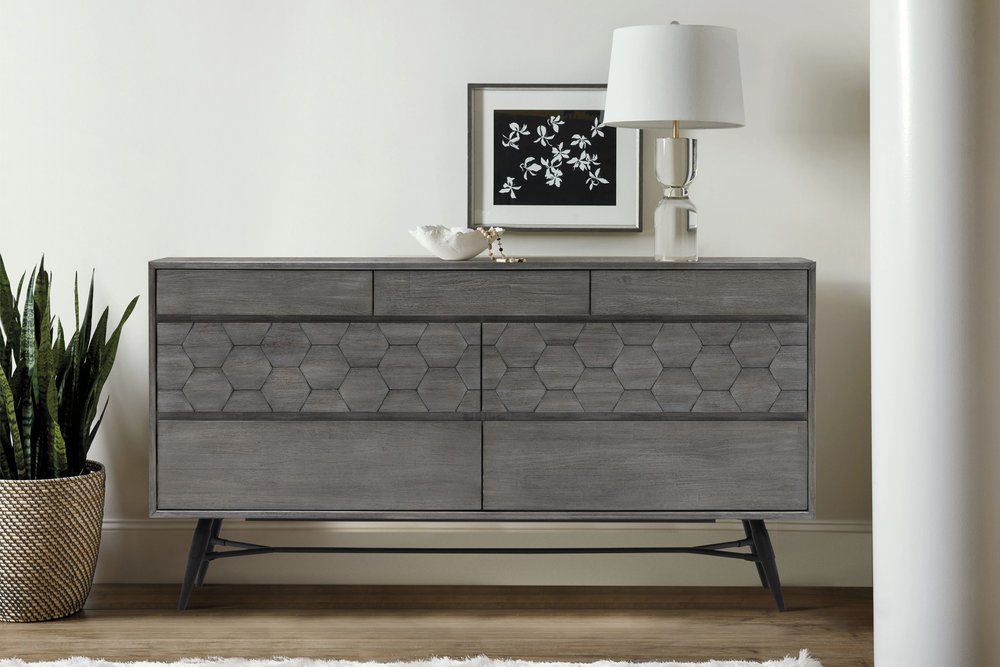 61" Gray Carved Geometric Solid Wood Seven Drawer Double Dresser — view 1