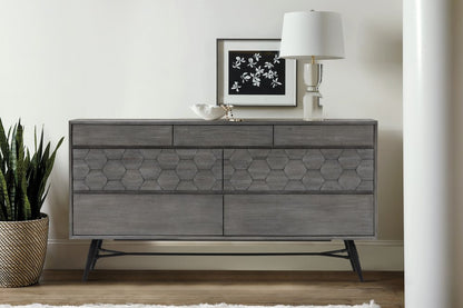 61" Gray Carved Geometric Solid Wood Seven Drawer Double Dresser