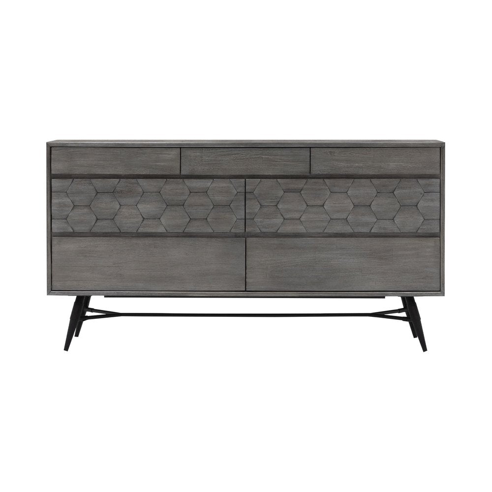 61" Gray Carved Geometric Solid Wood Seven Drawer Double Dresser