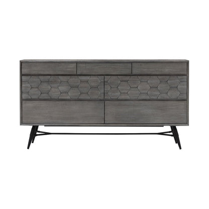 61" Gray Carved Geometric Solid Wood Seven Drawer Double Dresser