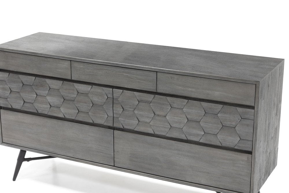 61" Gray Carved Geometric Solid Wood Seven Drawer Double Dresser — view 3