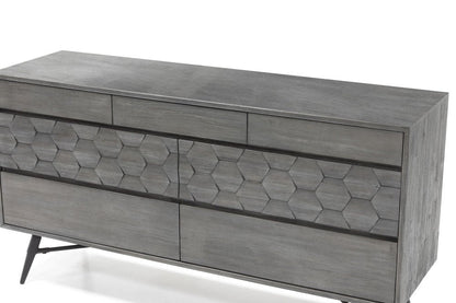 61" Gray Carved Geometric Solid Wood Seven Drawer Double Dresser
