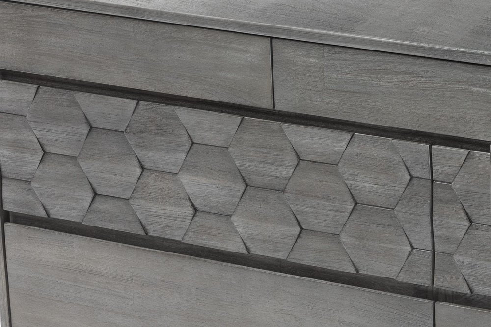 61" Gray Carved Geometric Solid Wood Seven Drawer Double Dresser
