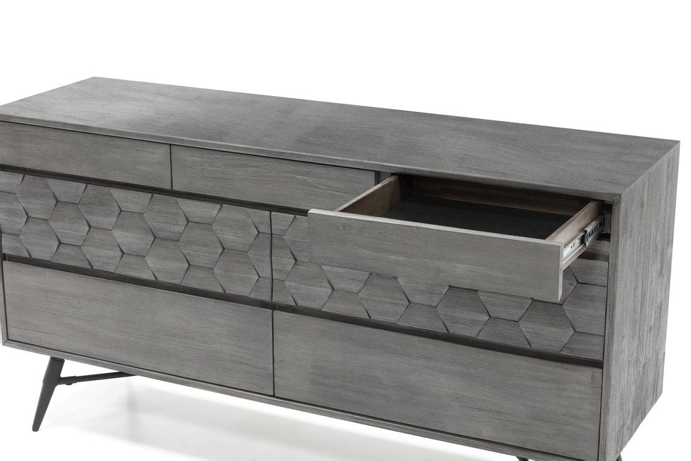 61" Gray Carved Geometric Solid Wood Seven Drawer Double Dresser — view 5