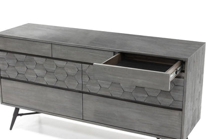 61" Gray Carved Geometric Solid Wood Seven Drawer Double Dresser