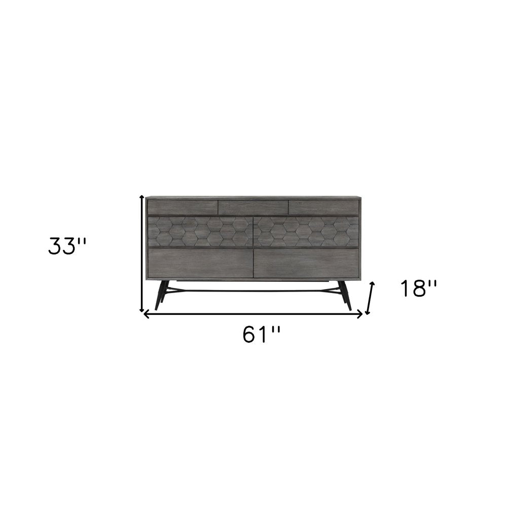 61" Gray Carved Geometric Solid Wood Seven Drawer Double Dresser
