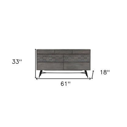 61" Gray Carved Geometric Solid Wood Seven Drawer Double Dresser