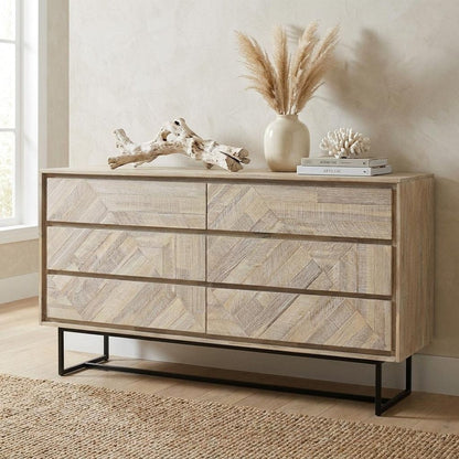 61" Natural Carved Geometric Solid Wood Six Drawer Double Dresser