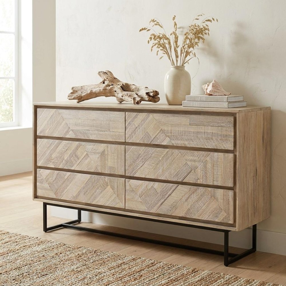 61" Natural Carved Geometric Solid Wood Six Drawer Double Dresser