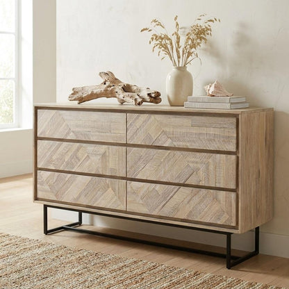 61" Natural Carved Geometric Solid Wood Six Drawer Double Dresser