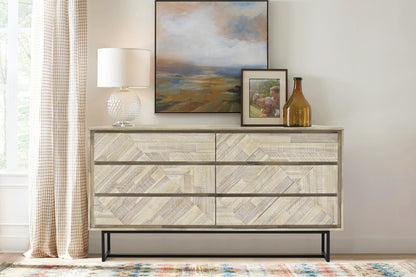 61" Natural Carved Geometric Solid Wood Six Drawer Double Dresser