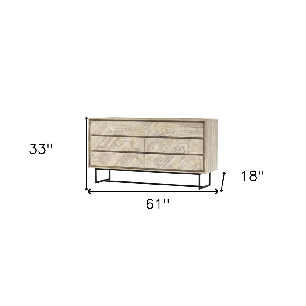 61" Natural Carved Geometric Solid Wood Six Drawer Double Dresser — view 8