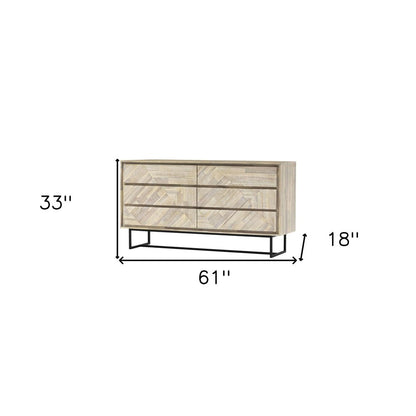 61" Natural Carved Geometric Solid Wood Six Drawer Double Dresser