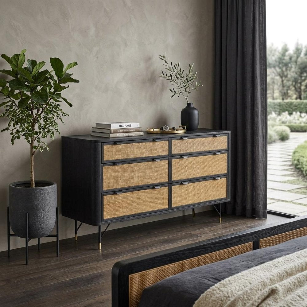 61" Black And Natural Solid Wood Six Drawer Double Dresser HomeRoots