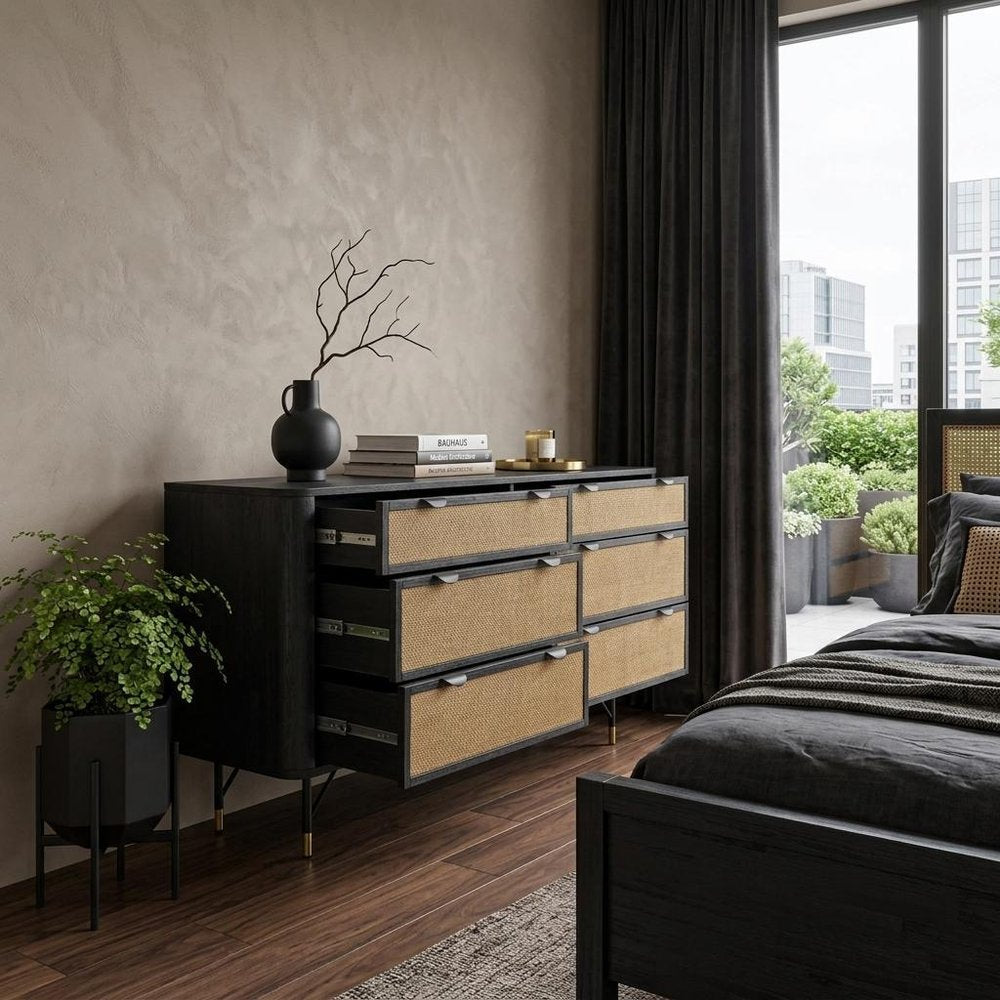 61" Black And Natural Solid Wood Six Drawer Double Dresser HomeRoots