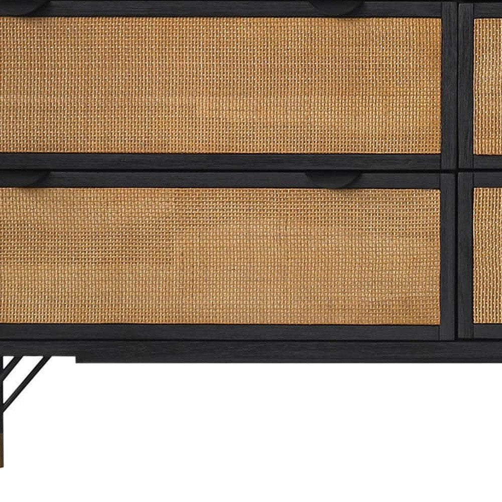 61" Black And Natural Solid Wood Six Drawer Double Dresser HomeRoots